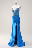 Blue Strapless Mermaid Corset Beaded Long Prom Dress with Split