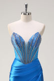 Blue Strapless Mermaid Corset Beaded Long Prom Dress with Split