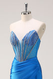 Blue Strapless Mermaid Corset Beaded Long Prom Dress with Split