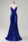 Sparkly Royal Blue Mermaid V-Neck Beaded Long Prom Dress With Open Back