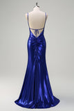 Sparkly Royal Blue Mermaid V-Neck Beaded Long Prom Dress With Open Back