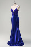 Sparkly Royal Blue Mermaid V-Neck Beaded Long Prom Dress With Open Back