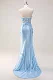 Sky Blue Mermaid Strapless Long Prom Dress with 3D Flowers