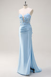 Sky Blue Mermaid Strapless Long Prom Dress with 3D Flowers