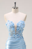 Sky Blue Mermaid Strapless Long Prom Dress with 3D Flowers