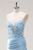 Sky Blue Mermaid Strapless Long Prom Dress with 3D Flowers