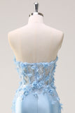 Sky Blue Mermaid Strapless Long Prom Dress with 3D Flowers