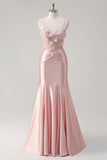 Sparkly Pink Mermaid Corset Satin Long Prom Dress with 3D Flowers