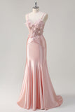 Sparkly Pink Mermaid Corset Satin Long Prom Dress with 3D Flowers