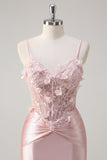 Sparkly Pink Mermaid Corset Satin Long Prom Dress with 3D Flowers