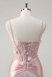 Sparkly Pink Mermaid Corset Satin Long Prom Dress with 3D Flowers