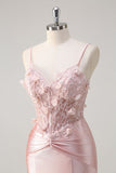 Sparkly Pink Mermaid Corset Satin Long Prom Dress with 3D Flowers