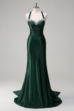 Dark Green Mermaid Criss Cross Back Long Prom Dress with Rhinestone