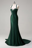 Dark Green Mermaid Criss Cross Back Long Prom Dress with Rhinestone