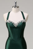 Dark Green Mermaid Criss Cross Back Long Prom Dress with Rhinestone