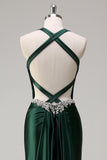 Dark Green Mermaid Criss Cross Back Long Prom Dress with Rhinestone