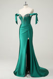 Dark Green Mermaid Off the Shoulder Rhinestone Long Prom Dress with Slit