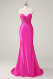 Fuchsia Mermaid Strapless Corset Ruched Long Prom Dress with Beading