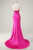 Fuchsia Mermaid Strapless Corset Ruched Long Prom Dress with Beading