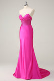 Fuchsia Mermaid Strapless Corset Ruched Long Prom Dress with Beading