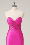 Fuchsia Mermaid Strapless Corset Ruched Long Prom Dress with Beading