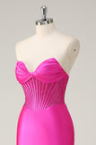 Fuchsia Mermaid Strapless Corset Ruched Long Prom Dress with Beading