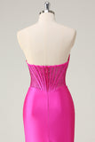 Fuchsia Mermaid Strapless Corset Ruched Long Prom Dress with Beading