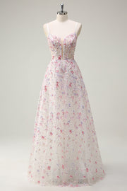 Sparkly Pink A Line Sequin Corset Floral Long Prom Dress with Lace-up Back