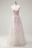 Sparkly Pink A Line Sequin Corset Floral Long Prom Dress with Lace-up Back