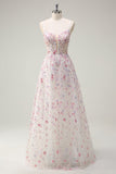 Stylish Pink A-Line Spaghetti Straps Floral Beaded Prom Dress with Lace Up Back