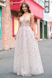 Stylish Pink A-Line Spaghetti Straps Floral Beaded Prom Dress with Lace Up Back