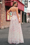 Sparkly Pink A Line Sequin Corset Floral Long Prom Dress with Lace-up Back