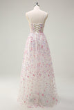 Sparkly Pink A Line Sequin Corset Floral Long Prom Dress with Lace-up Back