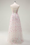 Stylish Pink A-Line Spaghetti Straps Floral Beaded Prom Dress with Lace Up Back