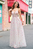 Stylish Pink A-Line Spaghetti Straps Floral Beaded Prom Dress with Lace Up Back