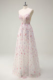 Sparkly Pink A Line Sequin Corset Floral Long Prom Dress with Lace-up Back