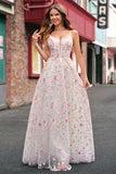 Stylish Pink A-Line Spaghetti Straps Floral Beaded Prom Dress with Lace Up Back