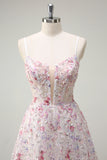 Sparkly Pink A Line Sequin Corset Floral Long Prom Dress with Lace-up Back