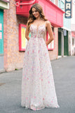 Stylish Pink A-Line Spaghetti Straps Floral Beaded Prom Dress with Lace Up Back