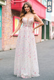 Stylish Pink A-Line Spaghetti Straps Floral Beaded Prom Dress with Lace Up Back