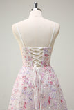 Sparkly Pink A Line Sequin Corset Floral Long Prom Dress with Lace-up Back