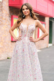 Stylish Pink A-Line Spaghetti Straps Floral Beaded Prom Dress with Lace Up Back