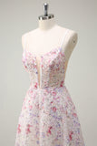 Sparkly Pink A Line Sequin Corset Floral Long Prom Dress with Lace-up Back