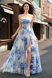 White Blue Flower A Line Spaghetti Straps Ruched Corset Long Prom Dress With Slit