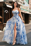 White Blue Flower A-Line Corset Spaghetti Straps Ruched Long Prom Dress With Slit