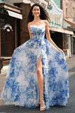 White Blue Flower A-Line Corset Spaghetti Straps Ruched Long Prom Dress With Slit