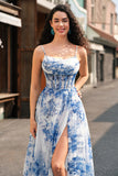 White Blue Flower A-Line Corset Spaghetti Straps Ruched Long Prom Dress With Slit