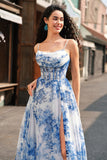 White Blue Flower A-Line Corset Spaghetti Straps Ruched Long Prom Dress With Slit