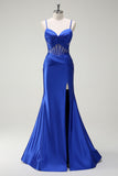 Royal Blue Mermaid Spaghetti Straps Satin Prom Dress with Sheer Corset Bodice