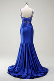 Royal Blue Mermaid Spaghetti Straps Satin Prom Dress with Sheer Corset Bodice